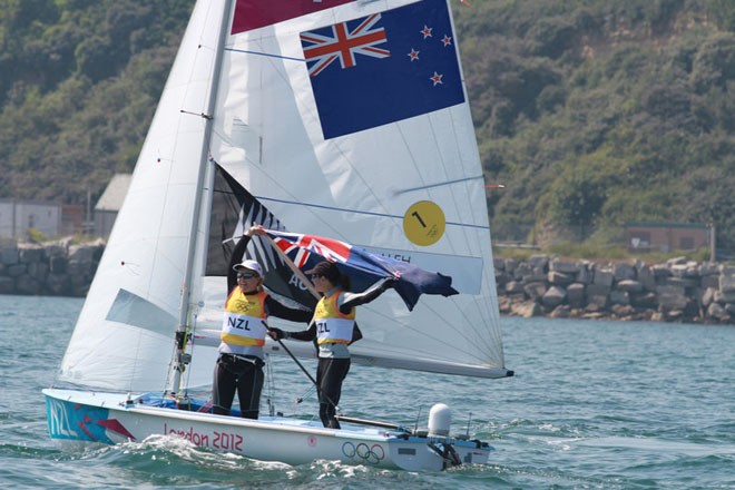 Olympic Games Sailing at Weymouth, Dorset August 2012. The Women’s 470 medal race on the Nothe course. Jo Aleh and Olivia Powrie win gold for New Zealand. © Ingrid Abery http://www.ingridabery.com